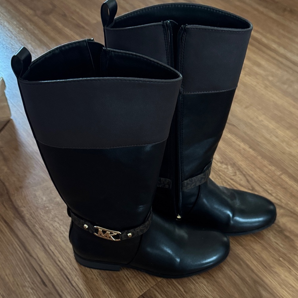 MK Black Leather Knee-High Boots with Gold Accent